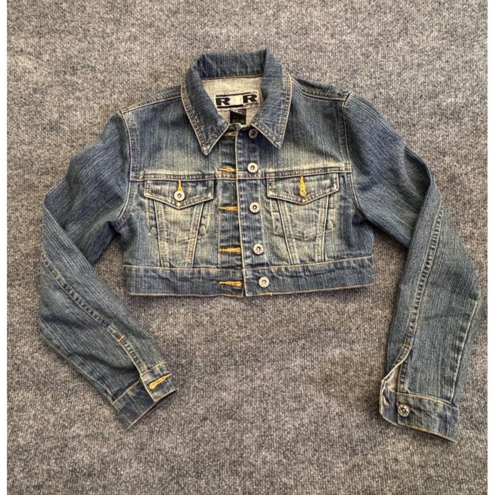 R4R Cropped Denim Jacket Women's Small Stretch Jean Jacket Y2K‎ Trucker